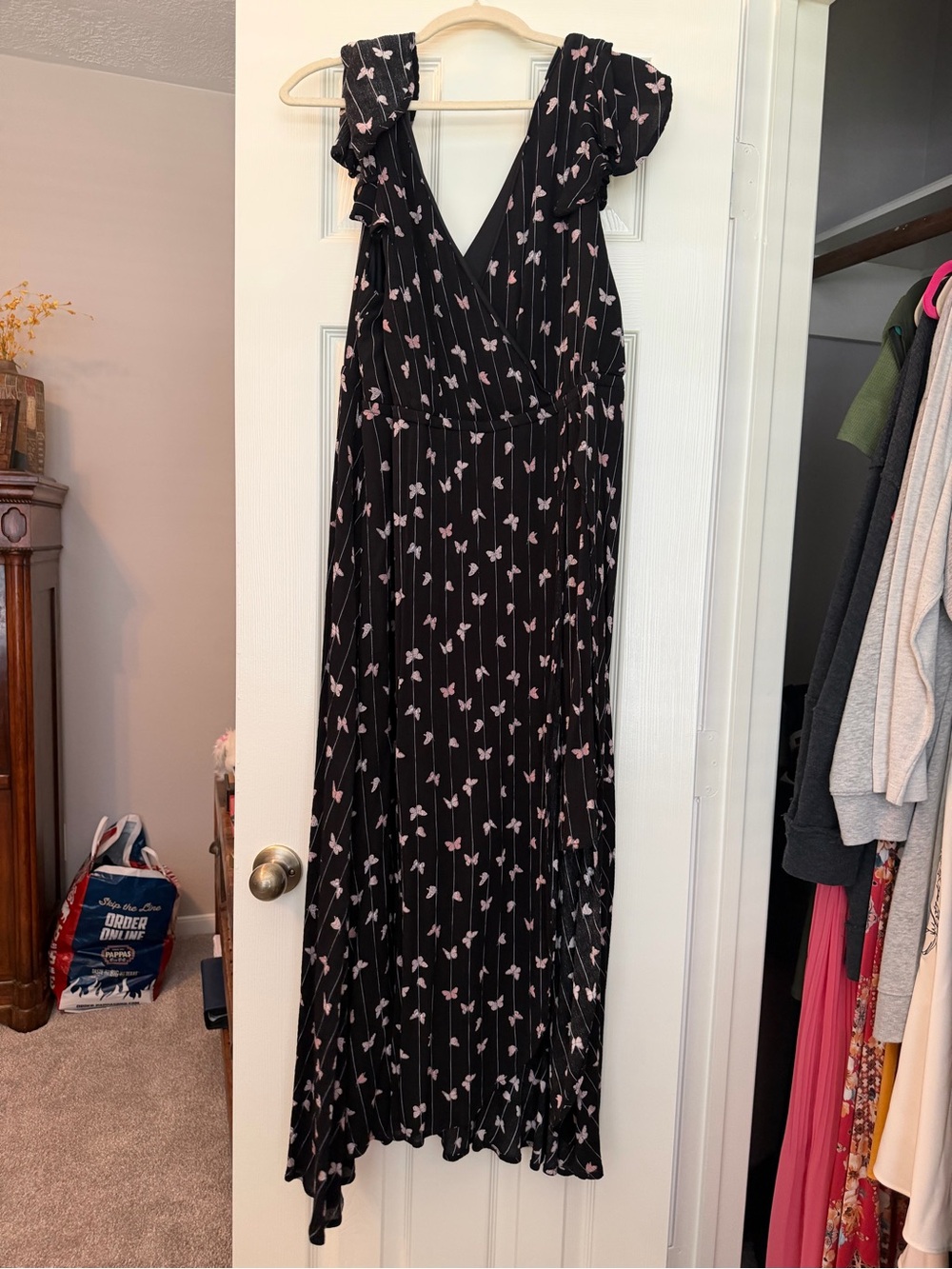 Women’s Black Maxi Dress with Pink Butterfly Print